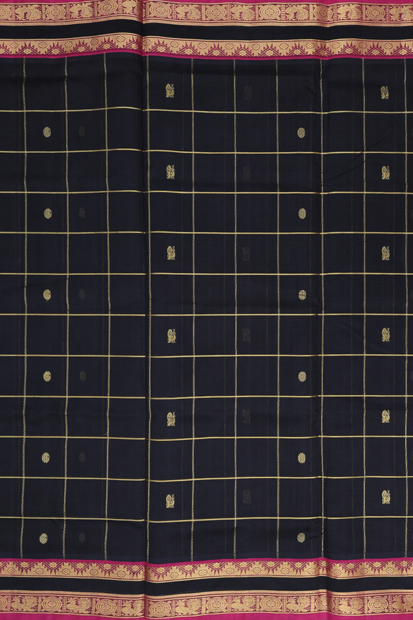 Silk Cotton Saree In Black Along Checks With Buttas