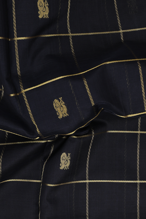 Silk Cotton Saree In Black Along Checks With Buttas