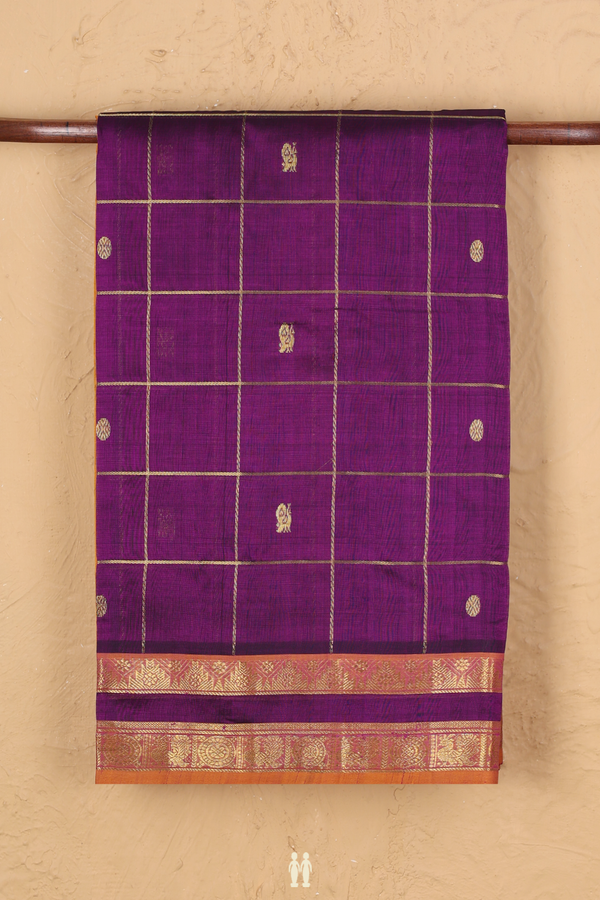 Silk Cotton Saree In Purple Along Checks With Buttas