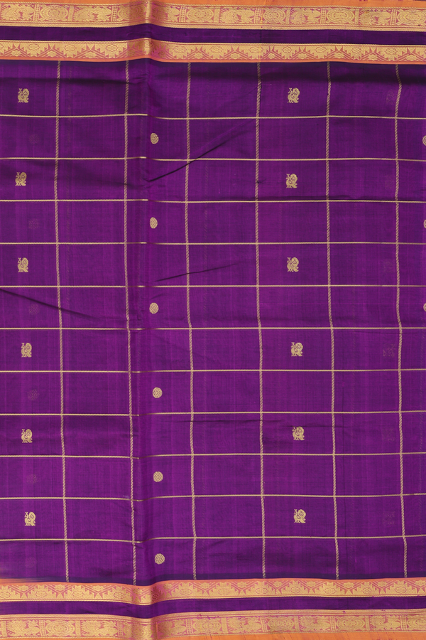 Silk Cotton Saree In Purple Along Checks With Buttas