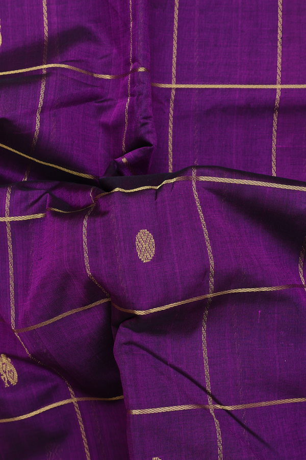 Silk Cotton Saree In Purple Along Checks With Buttas