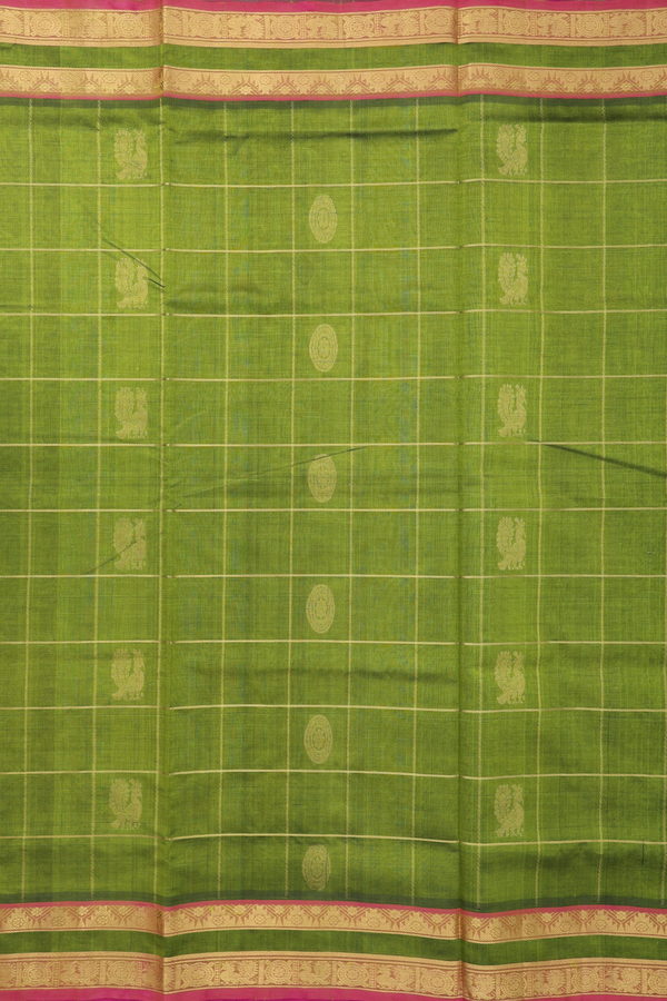 Silk Cotton Saree In Green Along Checks With Buttas