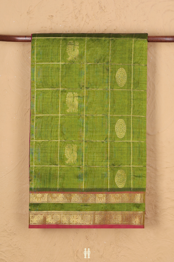 Silk Cotton Saree In Green Along Checks With Buttas