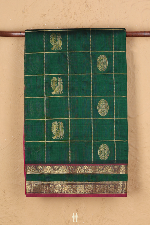 Silk Cotton Saree In Green Along Checks With Buttas