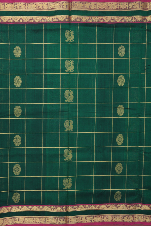 Silk Cotton Saree In Green Along Checks With Buttas