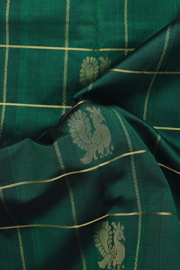 Silk Cotton Saree In Green Along Checks With Buttas