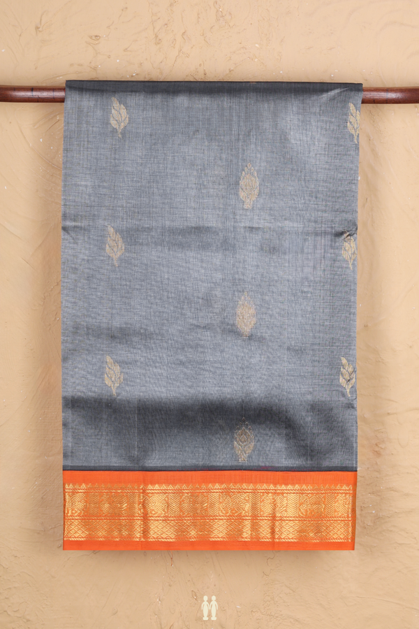 Traditional Silk Cotton Saree In Grey With Zari Buttas