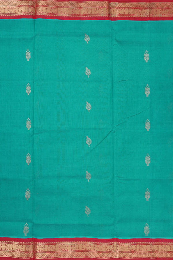 Silk Cotton Saree In Peacock Green With Zari Buttas