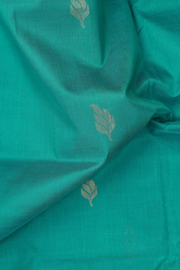 Silk Cotton Saree In Peacock Green With Zari Buttas