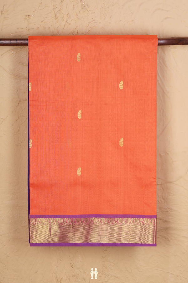 Silk Cotton Saree In Bright Orange With Paisley Buttas