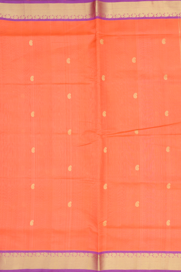 Silk Cotton Saree In Bright Orange With Paisley Buttas
