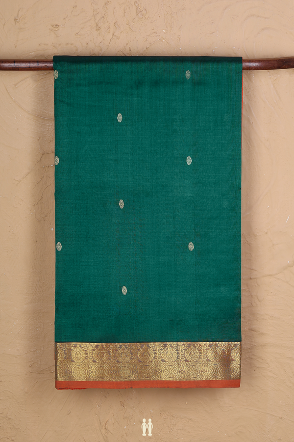 Traditional Silk Cotton Saree In Green With Rudraksh Buttas