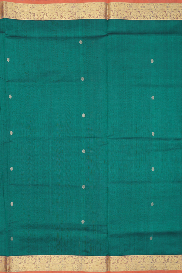Traditional Silk Cotton Saree In Green With Rudraksh Buttas