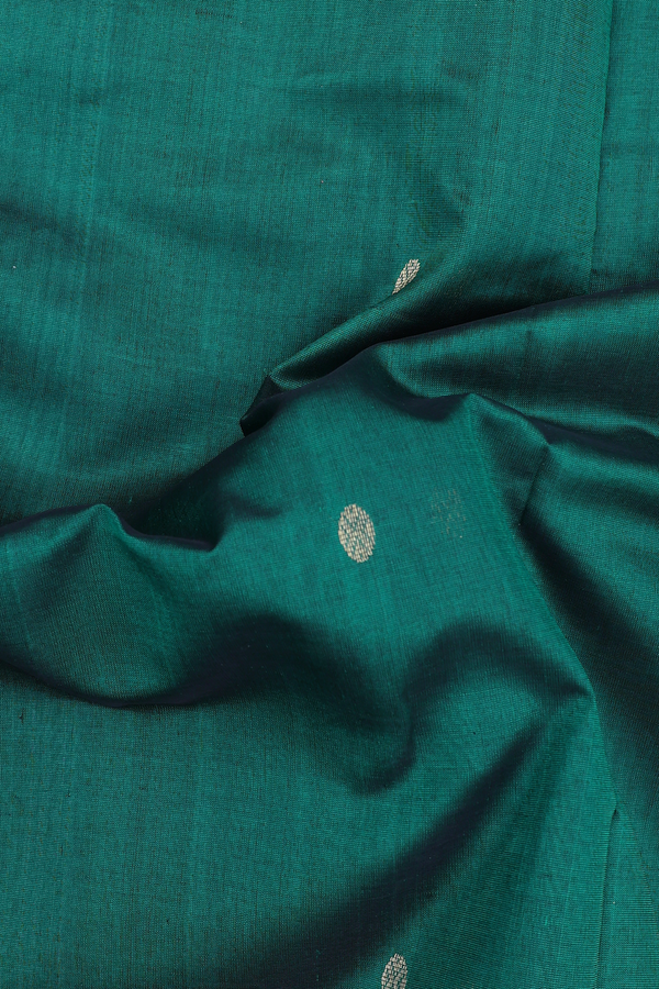 Traditional Silk Cotton Saree In Green With Rudraksh Buttas