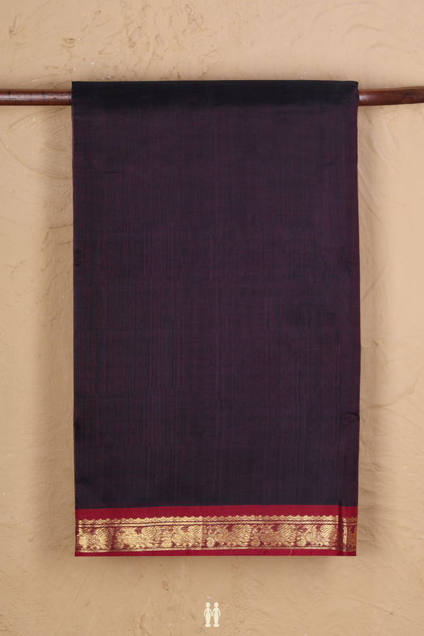 Silk Cotton Saree In Dark Oak Brown With Peacock Border