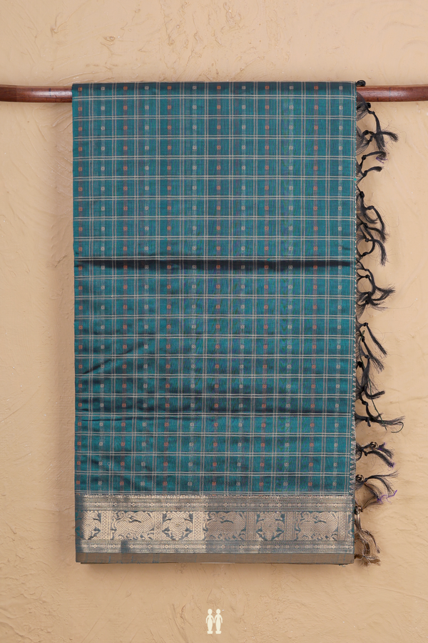 Traditional Silk Cotton Saree Teal Blue With Checks Design
