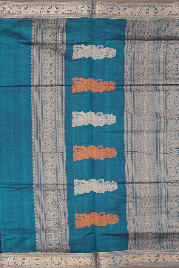 Traditional Silk Cotton Saree Teal Blue With Checks Design