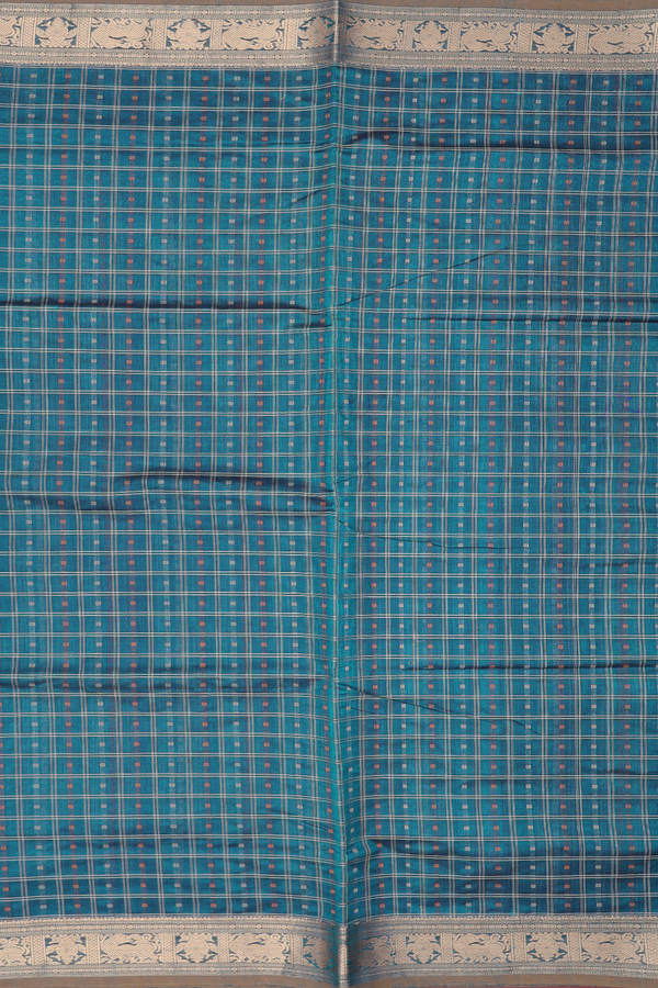 Traditional Silk Cotton Saree Teal Blue With Checks Design