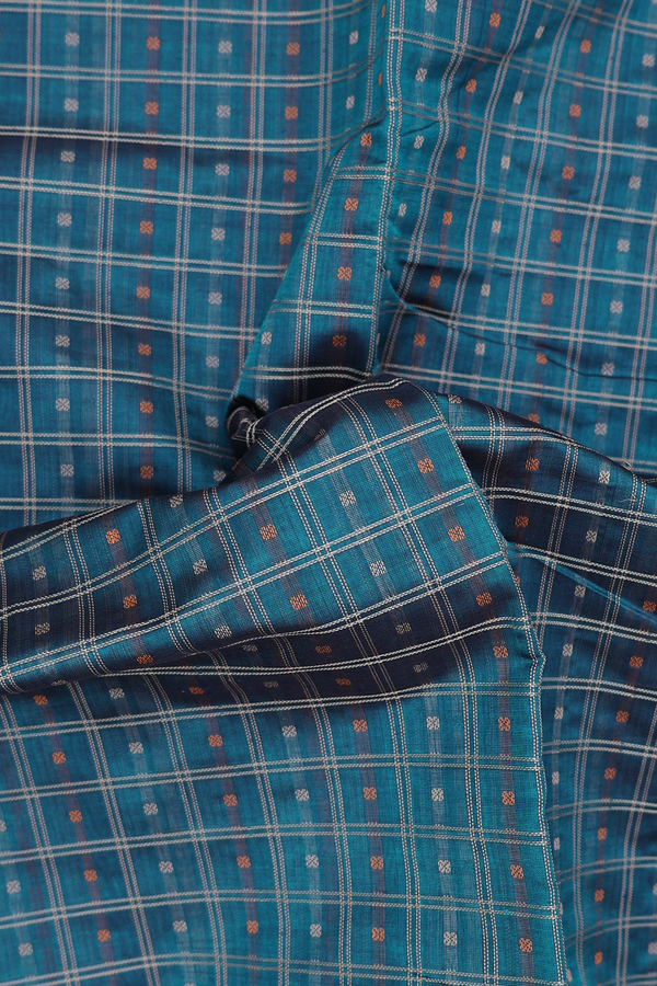 Traditional Silk Cotton Saree Teal Blue With Checks Design