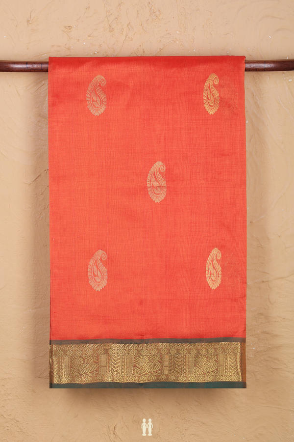 Silk Cotton Saree In Bright Orange With Paisley Motifs