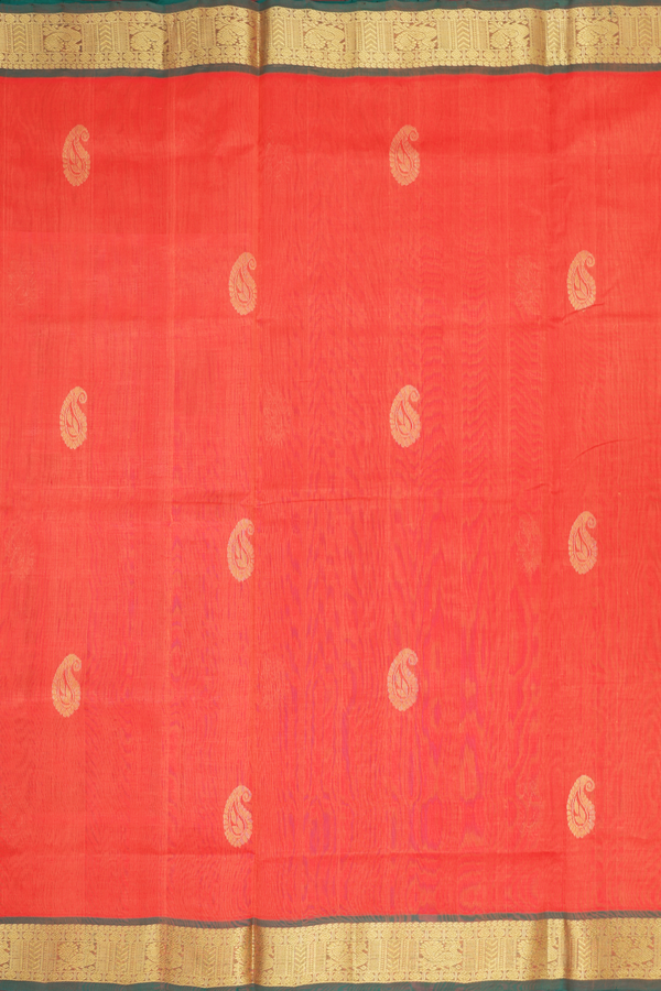Silk Cotton Saree In Bright Orange With Paisley Motifs