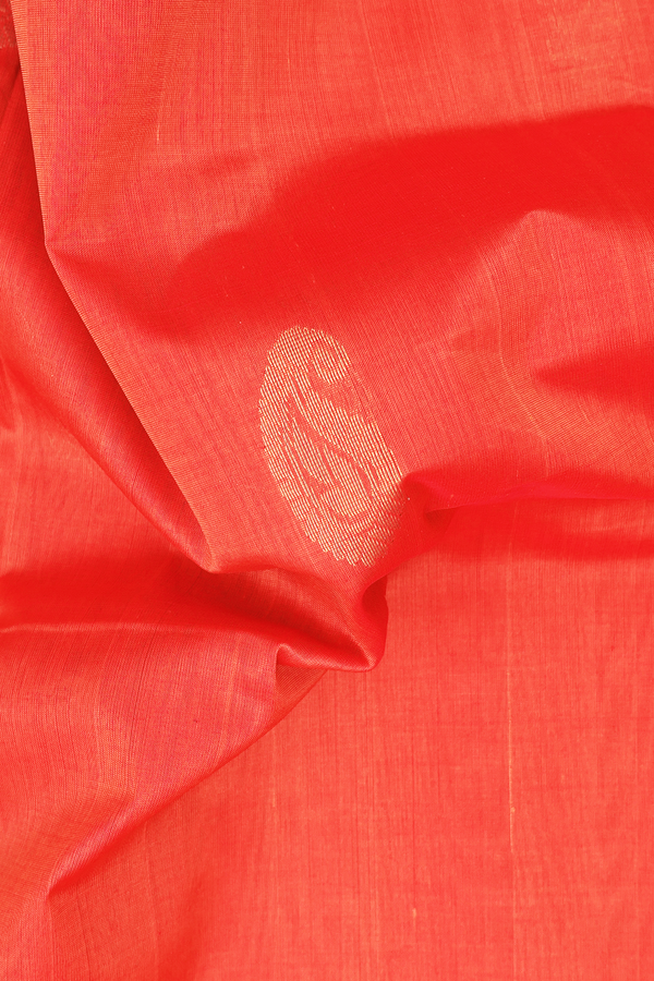 Silk Cotton Saree In Bright Orange With Paisley Motifs