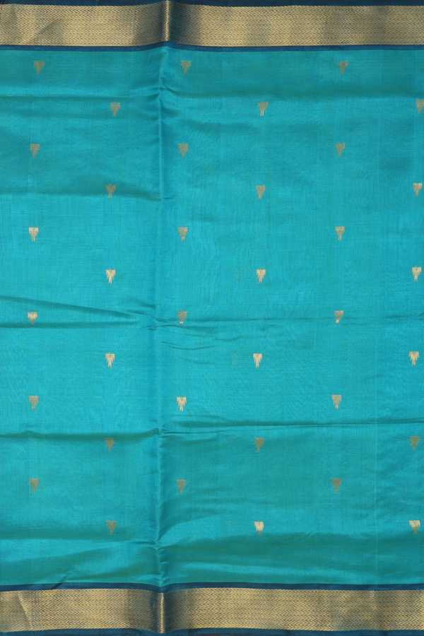 Traditional Silk Cotton Saree Peacock Blue With Temple Buttas