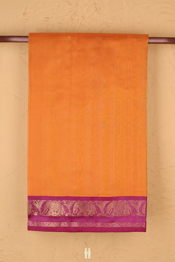Traditional Silk Cotton Saree In Orange With Elephant Border