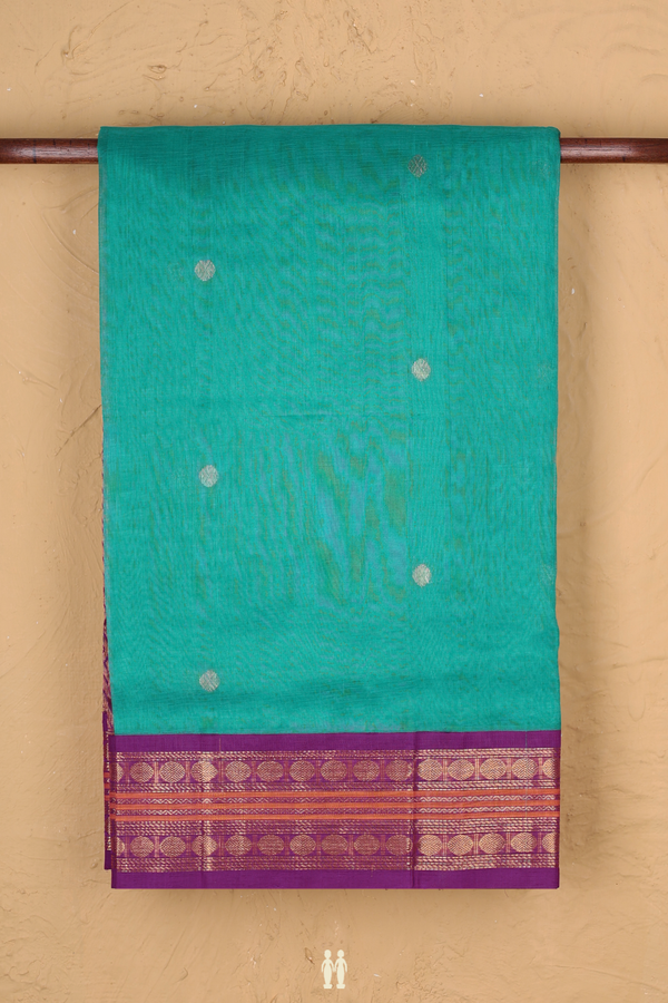 Traditional Silk Cotton Saree Peacock Green With Zari Buttas