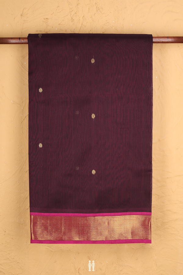 Traditional Silk Cotton Saree In Dark Brown With Floral Buttas