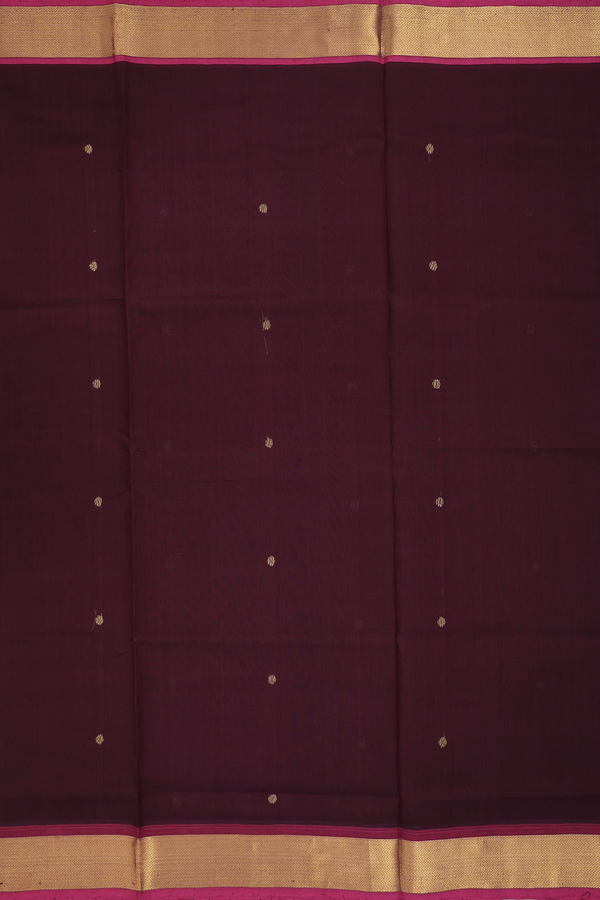 Traditional Silk Cotton Saree In Dark Brown With Floral Buttas
