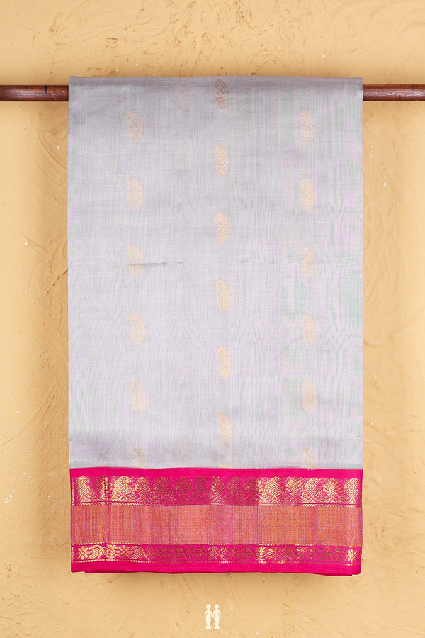 Traditional Silk Cotton Saree In Grey With Paisley Buttas