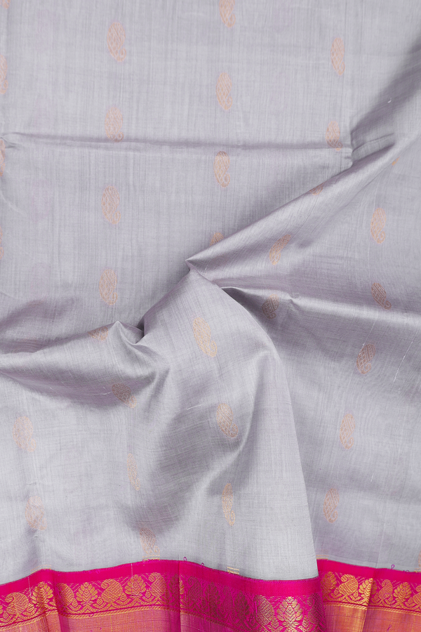 Traditional Silk Cotton Saree In Grey With Paisley Buttas