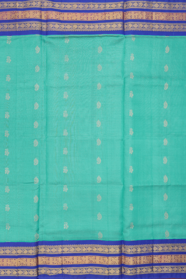 Silk Cotton Saree In Tiffany Blue With Stripes Along Buttas