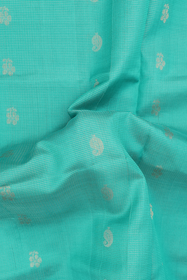 Silk Cotton Saree In Tiffany Blue With Stripes Along Buttas