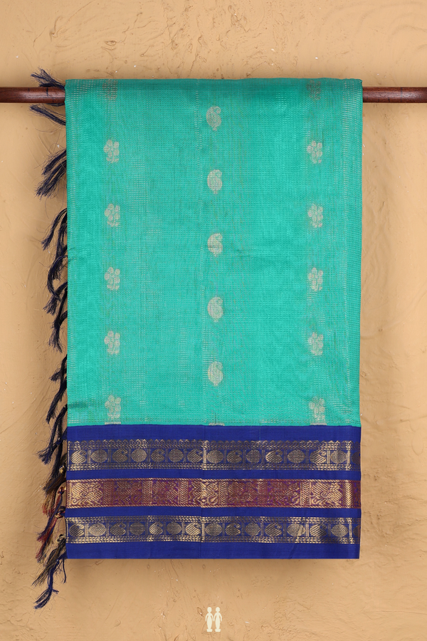 Silk Cotton Saree In Tiffany Blue With Stripes Along Buttas