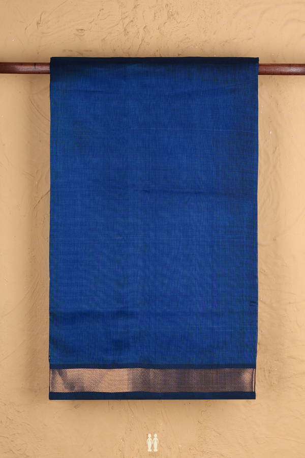 Silk Cotton Saree In Prussian Blue With Zari Border