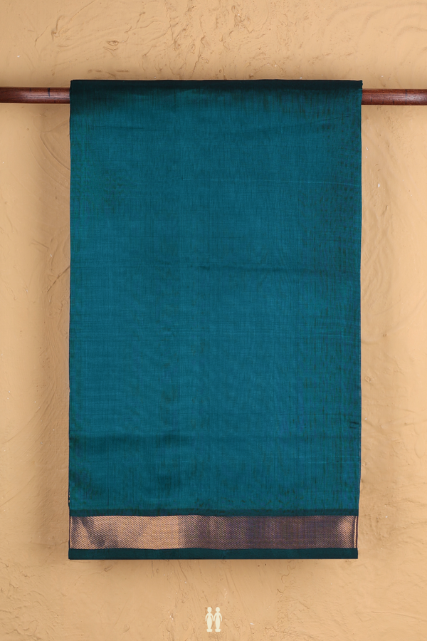 Silk Cotton Saree In Prussian Blue With Zari Border
