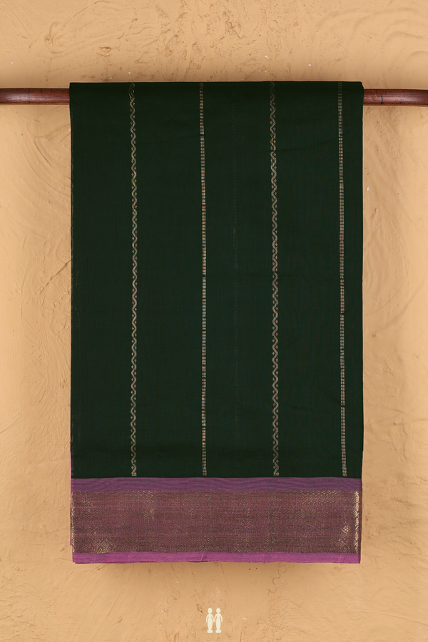 Silk Cotton Saree In Bottle Green With Stripes Design