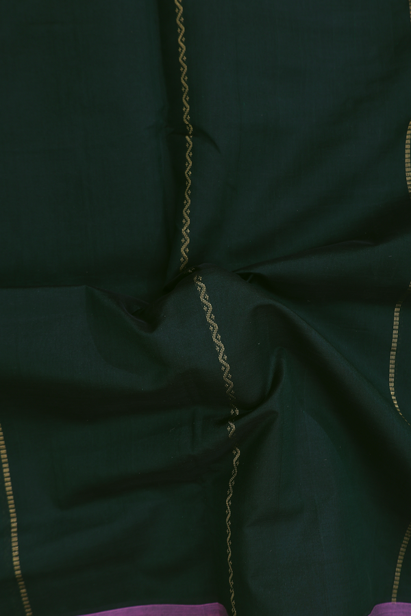 Silk Cotton Saree In Bottle Green With Stripes Design