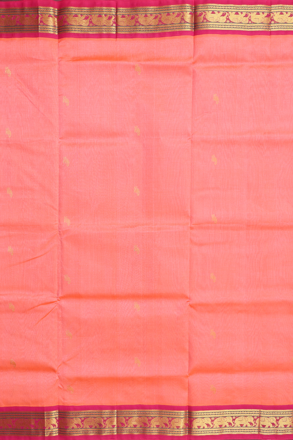 Silk Cotton Saree In Coral Pink With Paisley Buttas