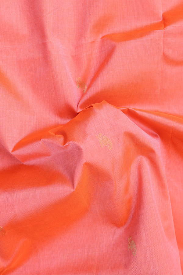 Silk Cotton Saree In Coral Pink With Paisley Buttas