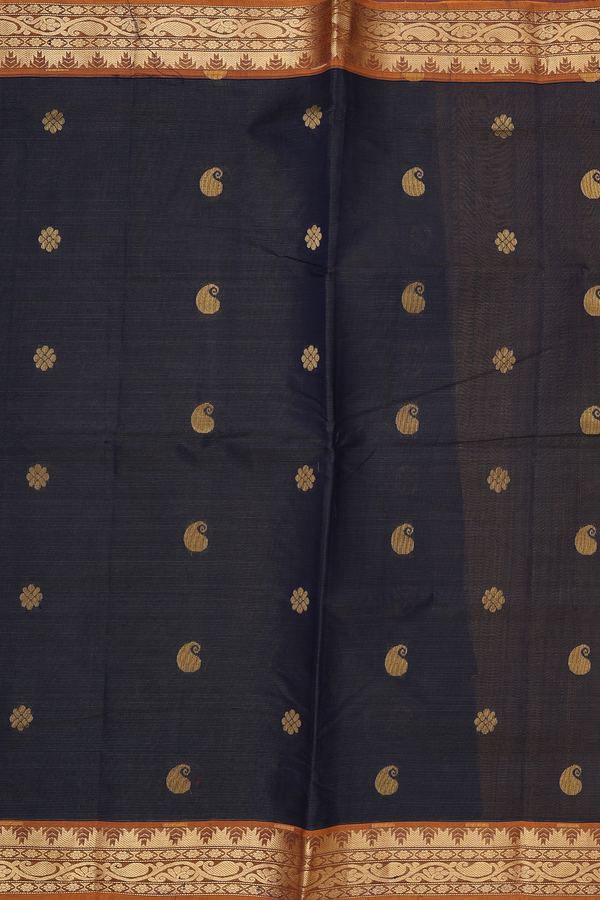 Silk Cotton Saree In Midnight Blue With Paisley Buttas