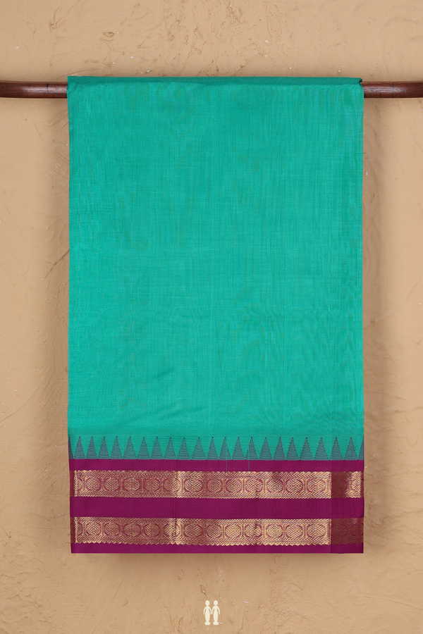Silk Cotton Saree In Greenish Blue With Rudraksh Border