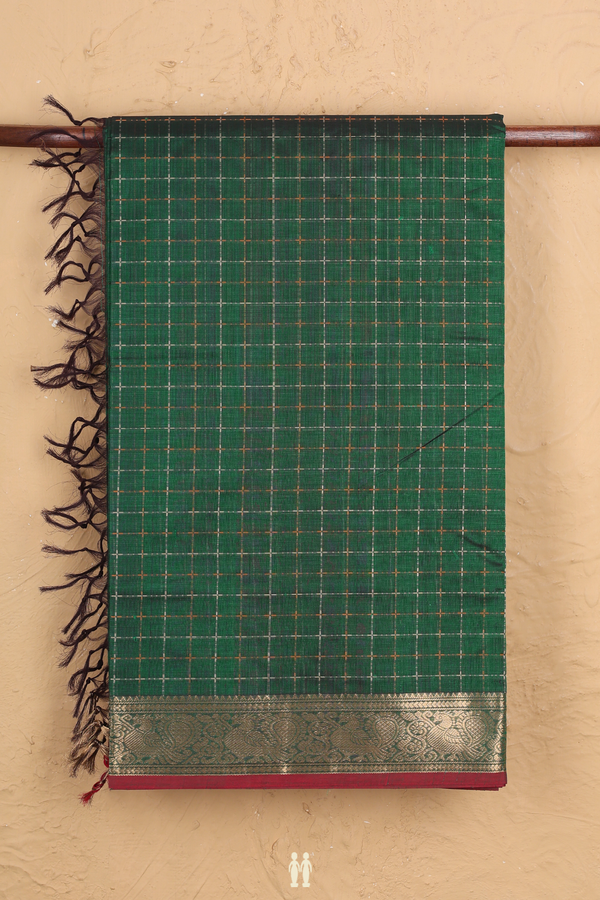 Traditional Silk Cotton Saree In Green With Checks Design