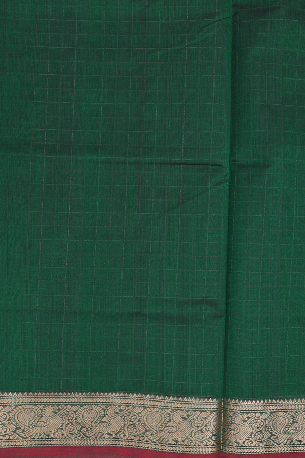 Traditional Silk Cotton Saree In Green With Checks Design