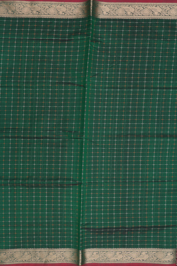 Traditional Silk Cotton Saree In Green With Checks Design
