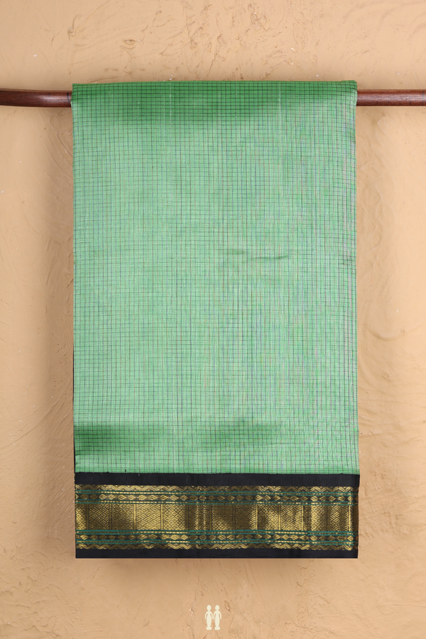 Traditional Silk Cotton Saree In Green With Checks Design