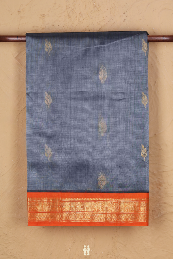 Traditional Silk Cotton Saree In Grey With Zari Buttas