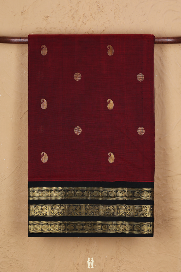 Silk Cotton Saree In Burgundy Red With Paisley Buttas
